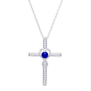 Blue Spinal & White Sapphire Sterling Silver Cross Pendant and Chain